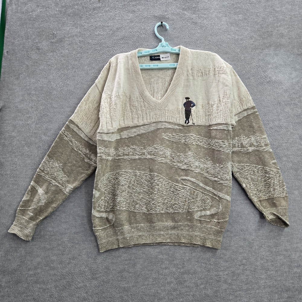 VINTAGE Carmel Men Sweatshirt M Beige Golfer Geometric Embroidered 90s‎ USA